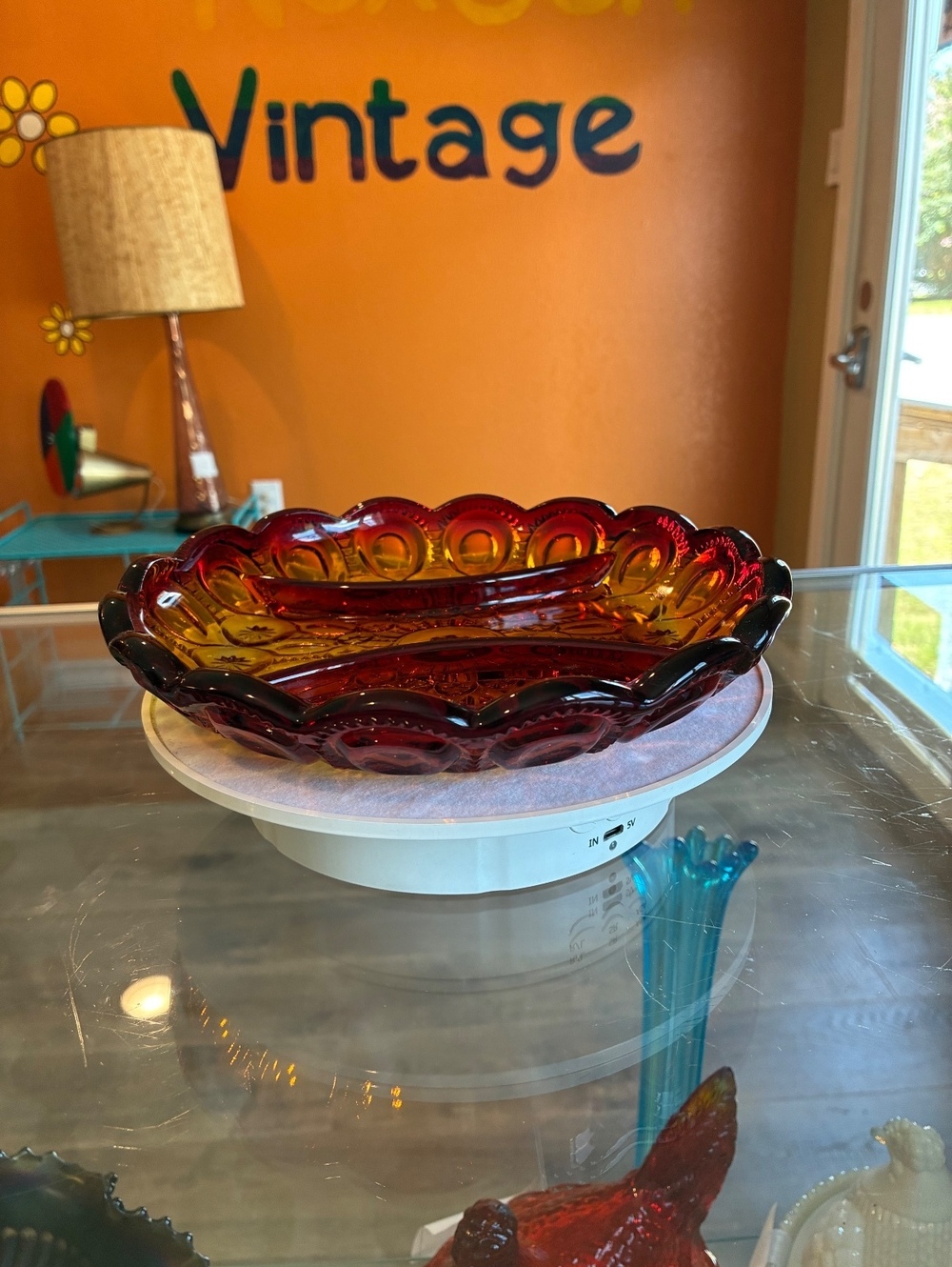 L.E. Smith Vintage Amberina Moon & Star Relish Tray UV Reactive Glass